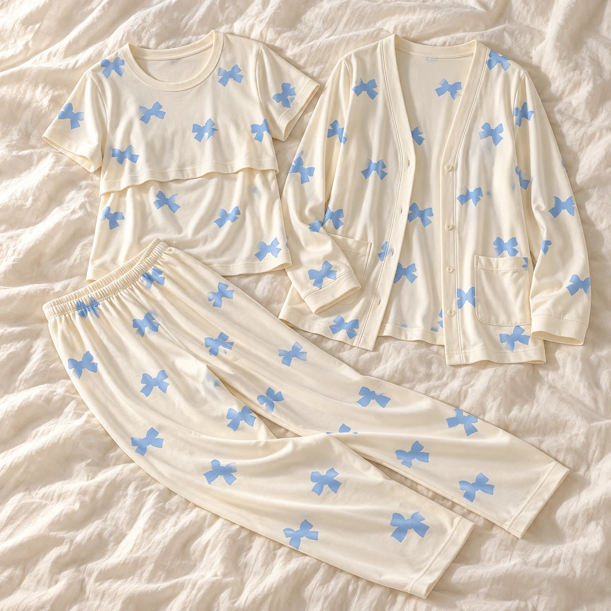 Tots & Moms three-piece nursing pyjama set — style SY-5606 — complete set on cream linen