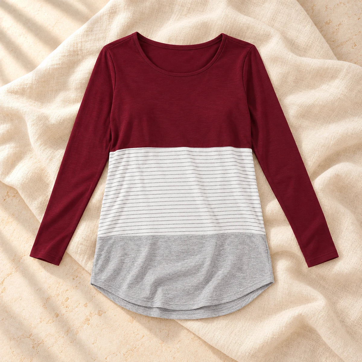 Everyday Maternity Nursing T-Shirt, Burgundy, on warm cream linen