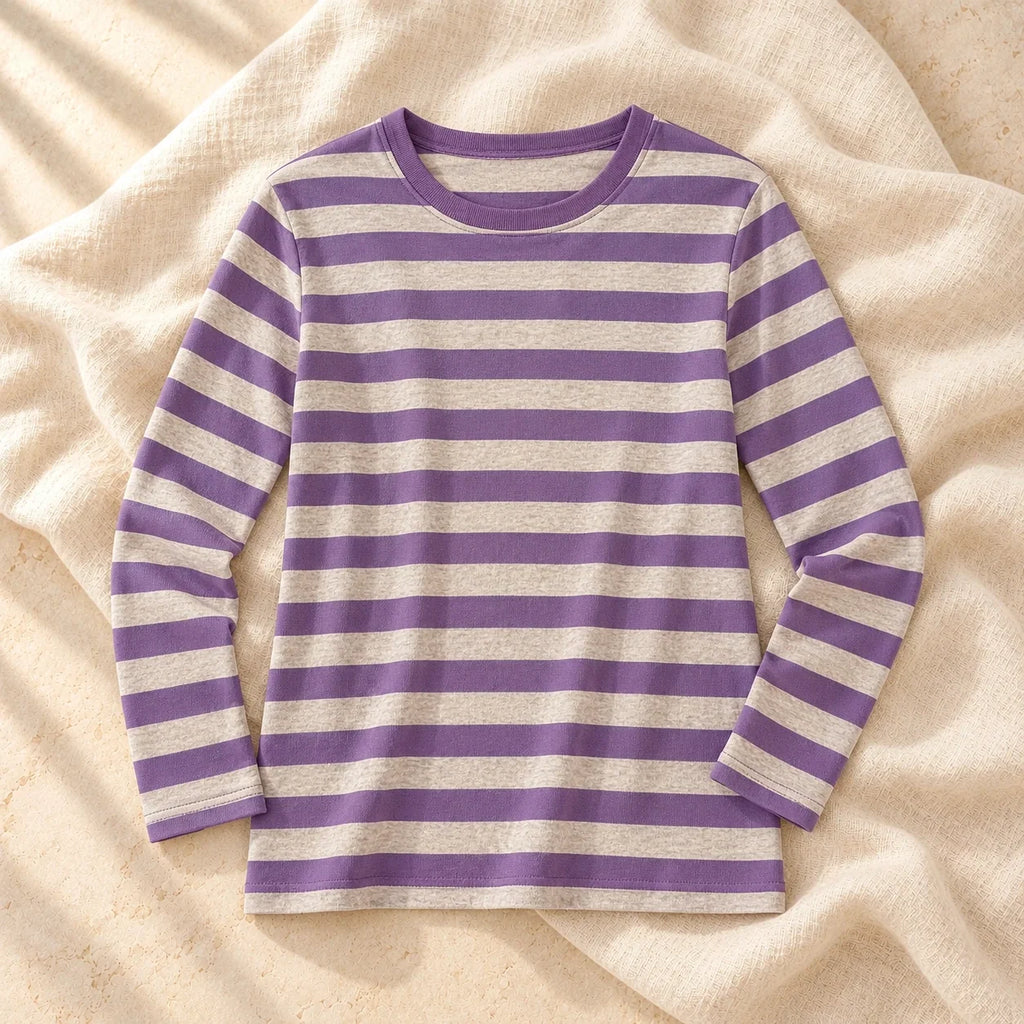 Striped Long-Sleeve Nursing Top, PURPLE, on cream linen