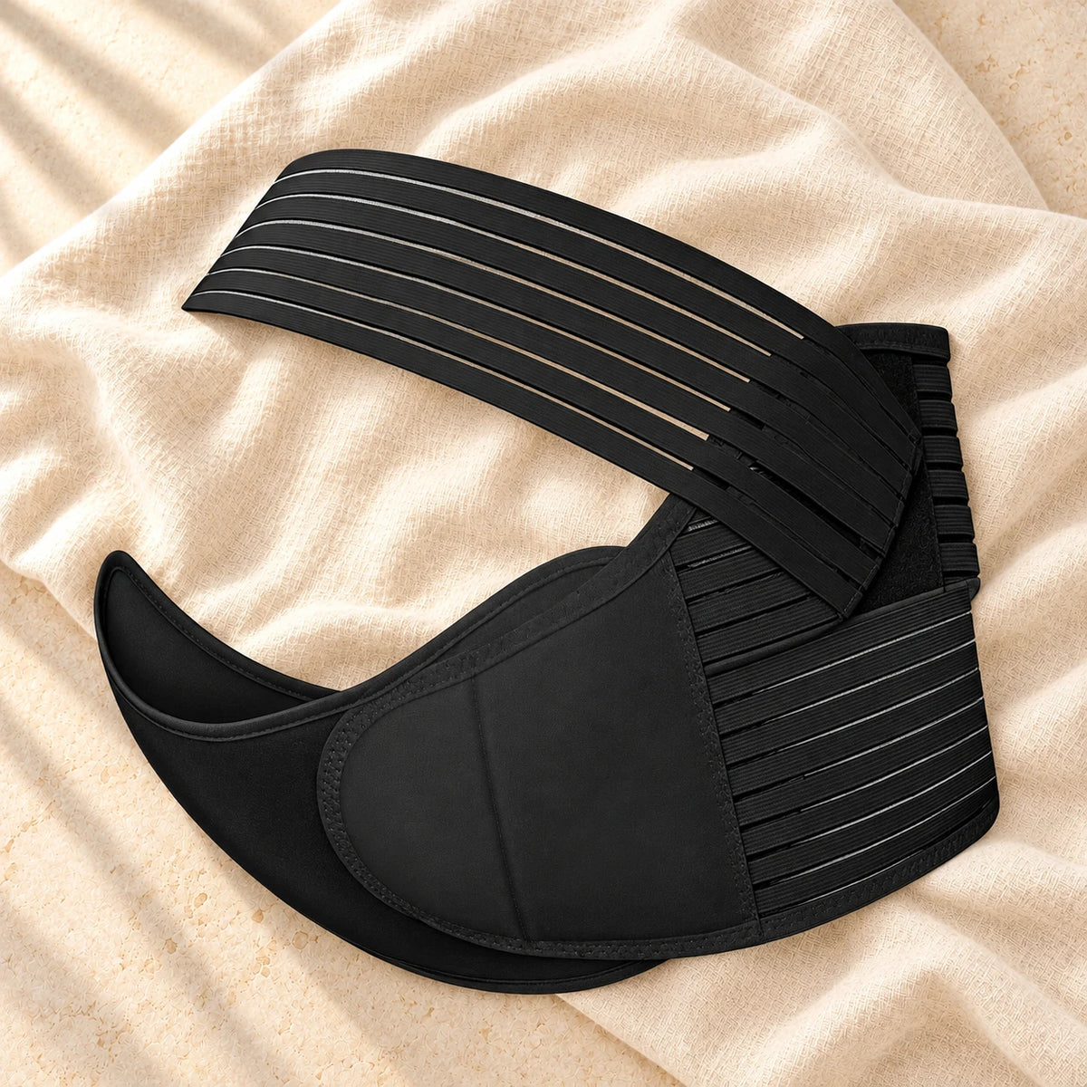 Hook-and-Loop Maternity Support Band, black, on cream linen