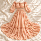 Tots & Moms bohemian maternity portrait outfit — Apricot — complete two-piece on cream linen