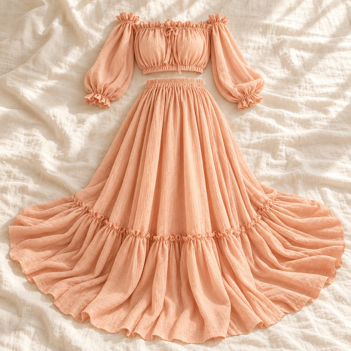 Tots & Moms bohemian maternity portrait outfit — Apricot — complete two-piece on cream linen