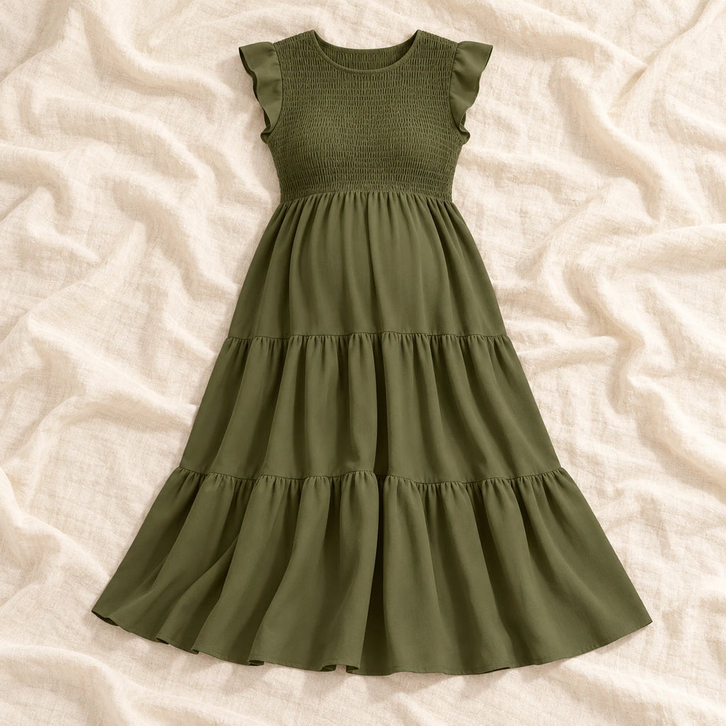 Sleeveless Tiered Maternity Dress — army green — on cream linen