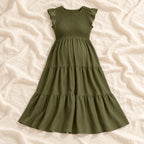 Sleeveless Tiered Maternity Dress — army green — on cream linen