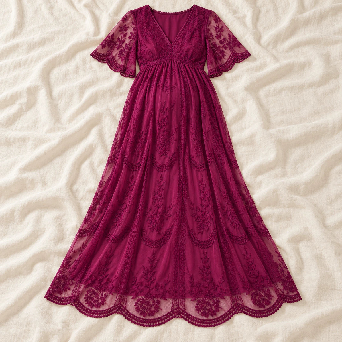 V-Neck Lace Maternity Maxi Dress — PURPLE — on cream linen