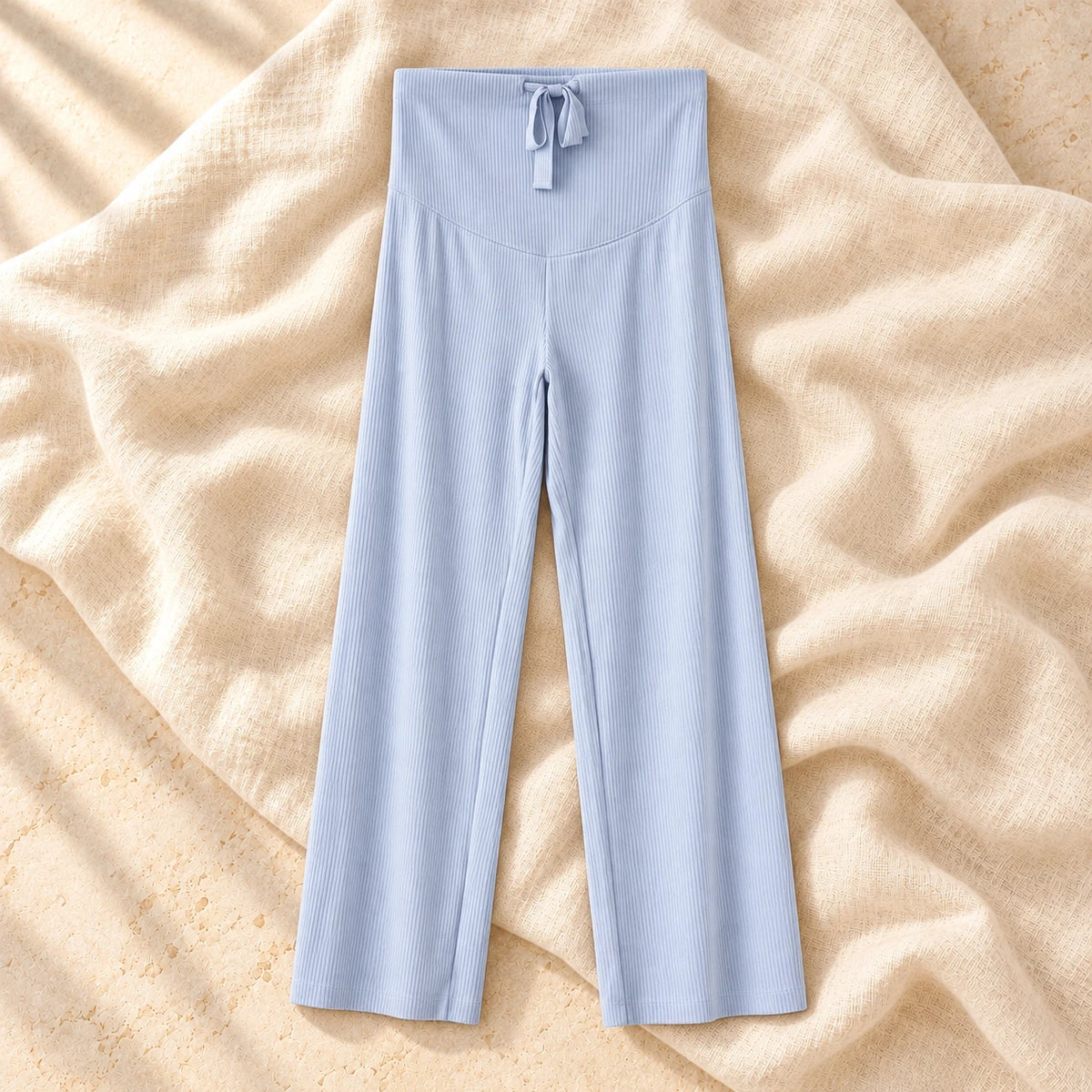 Adjustable-Waist Straight-Leg Maternity Trousers, Blue, on warm cream linen