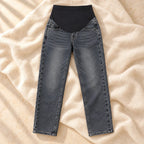 Adjustable-Waist Wide-Leg Maternity Jeans, Blue Black, on cream linen