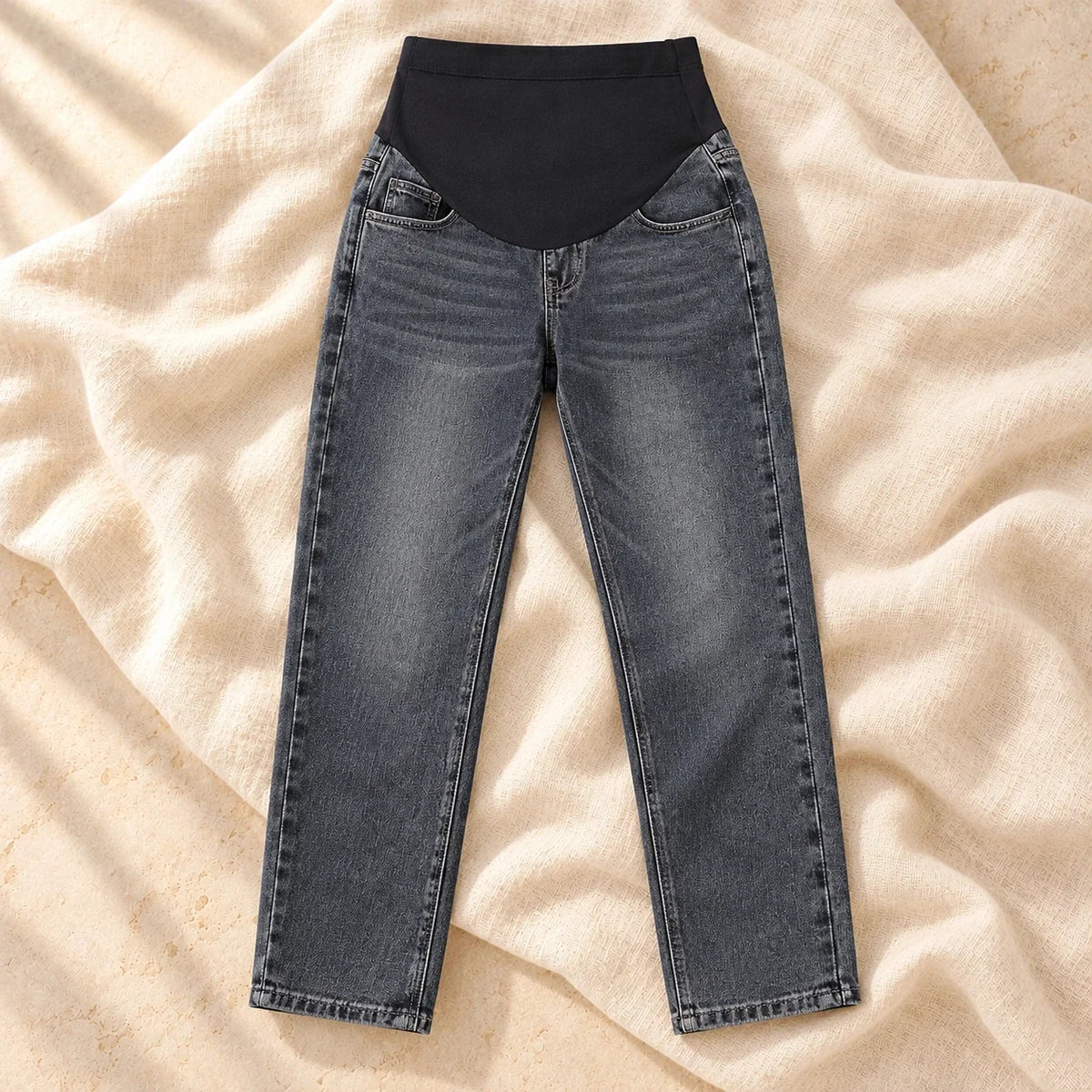 Adjustable-Waist Wide-Leg Maternity Jeans, Blue Black, on cream linen