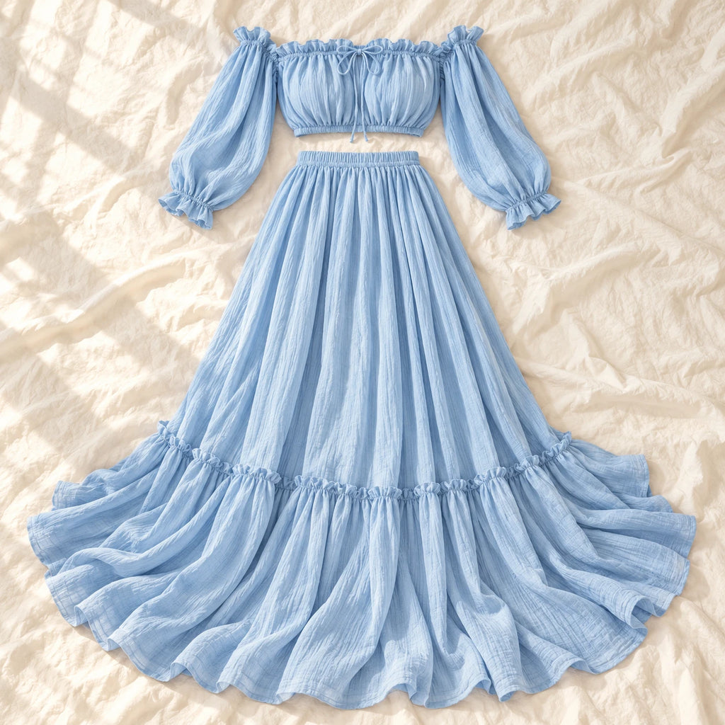 Tots & Moms bohemian maternity portrait outfit — SKY BLUE — complete two-piece on cream linen