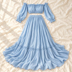 Tots & Moms bohemian maternity portrait outfit — SKY BLUE — complete two-piece on cream linen