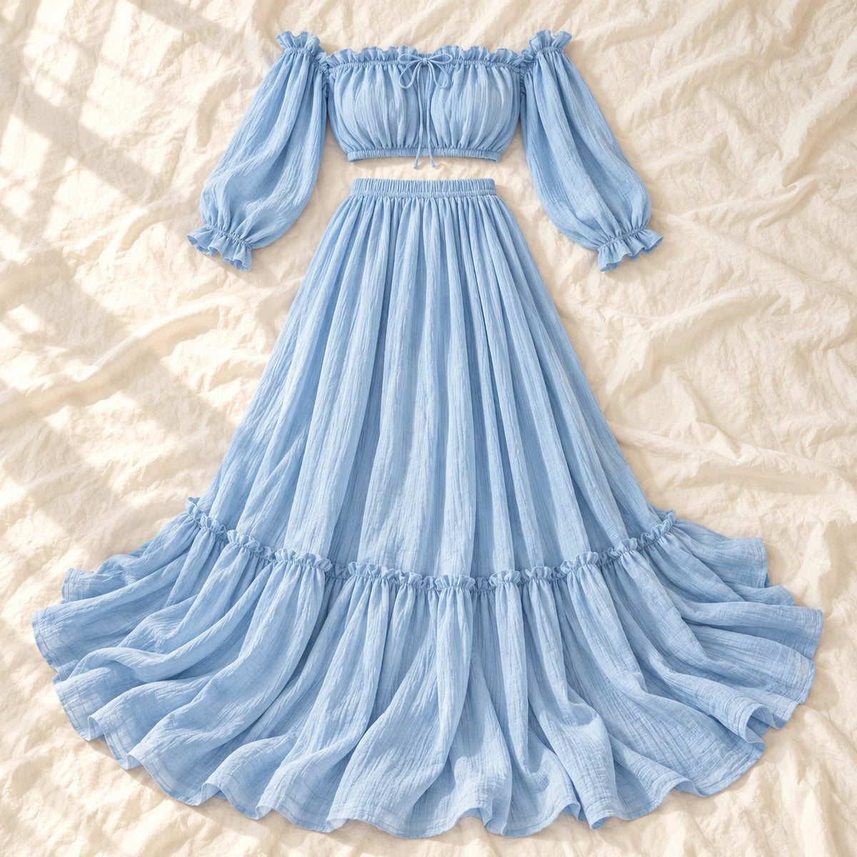 Tots & Moms bohemian maternity portrait outfit — SKY BLUE — complete two-piece on cream linen