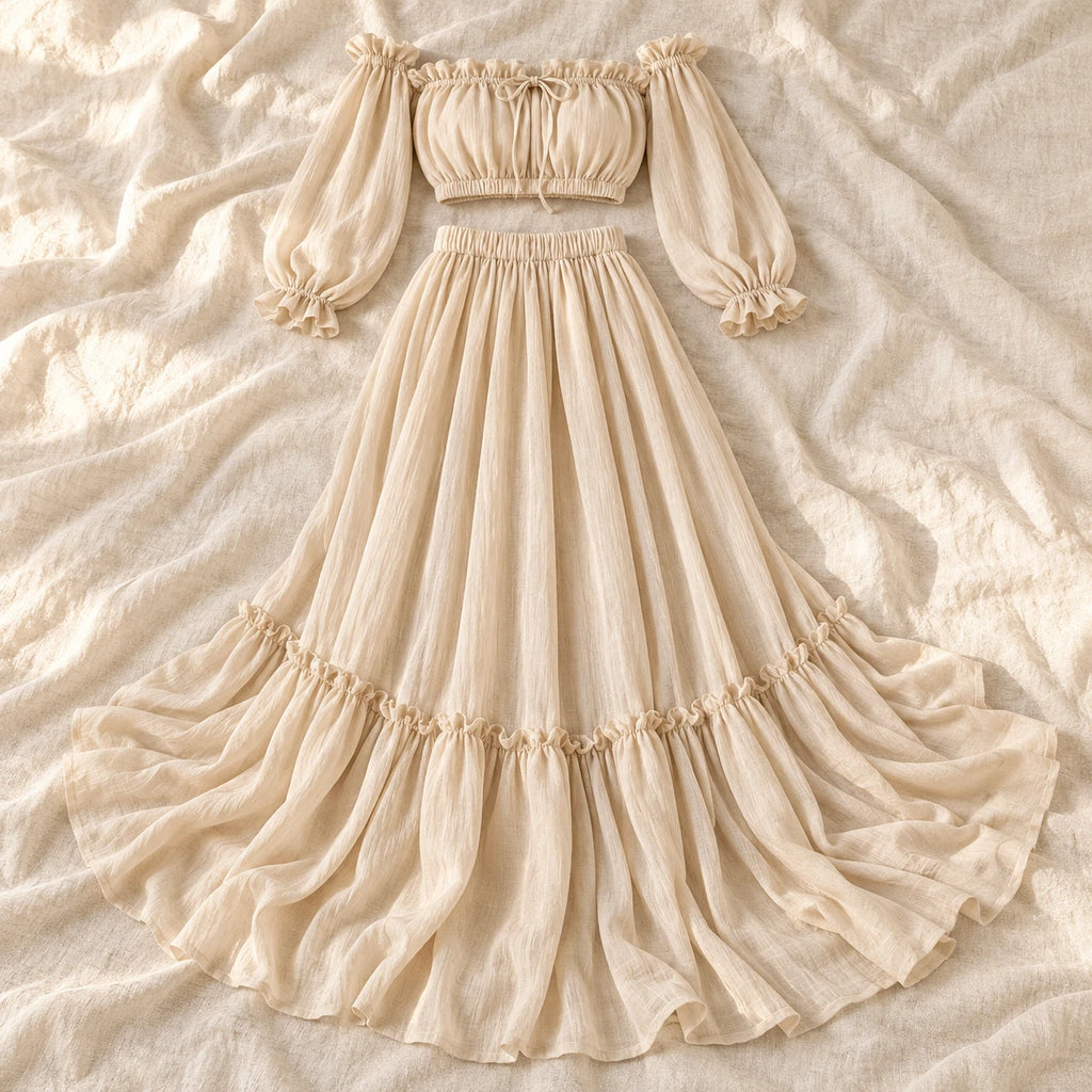 Tots & Moms bohemian maternity portrait outfit — Beige — complete two-piece on cream linen