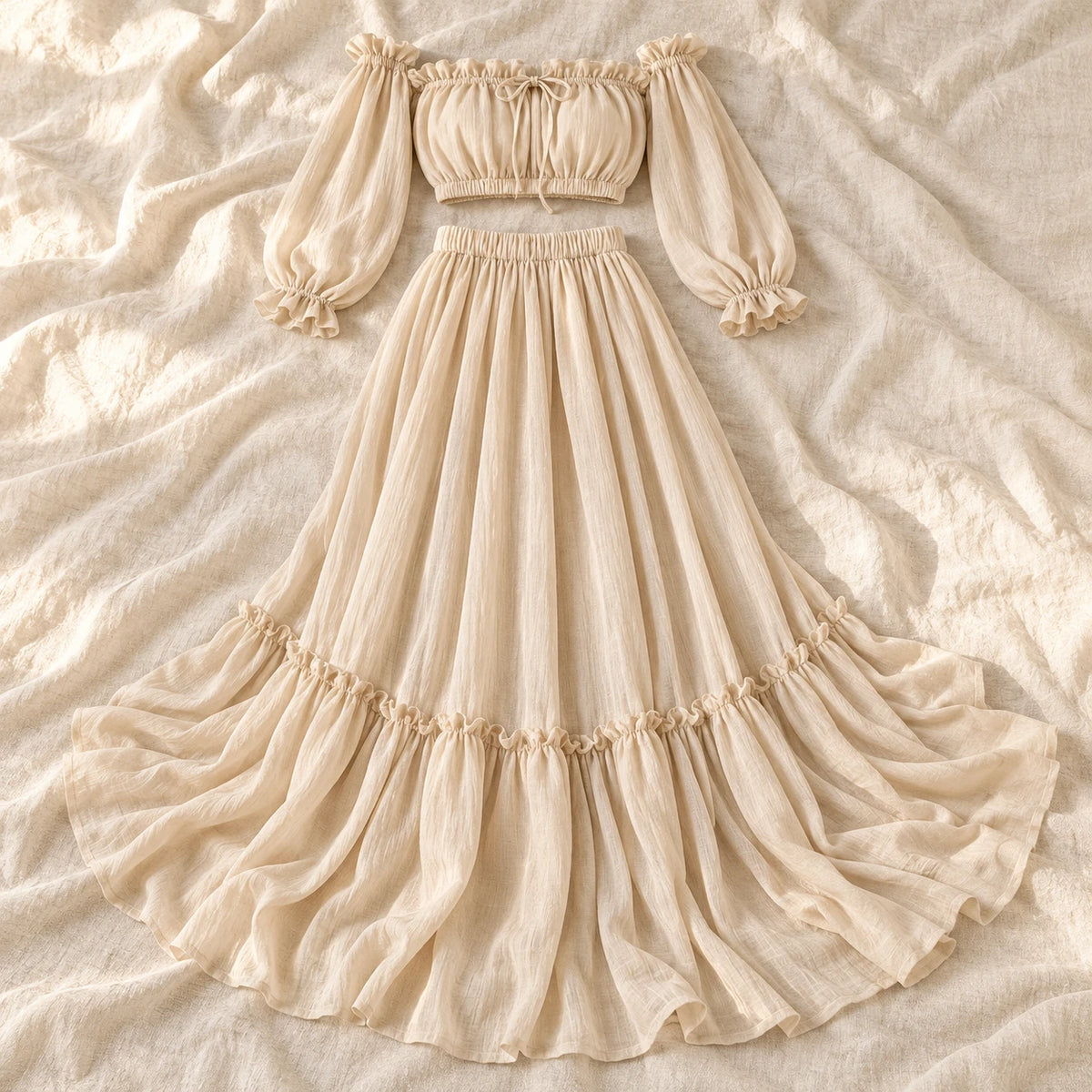 Tots & Moms bohemian maternity portrait outfit — Beige — complete two-piece on cream linen