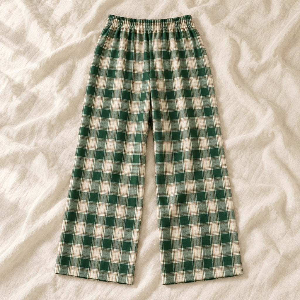 Plaid Wide-Leg Maternity Trousers — Style G — on cream linen