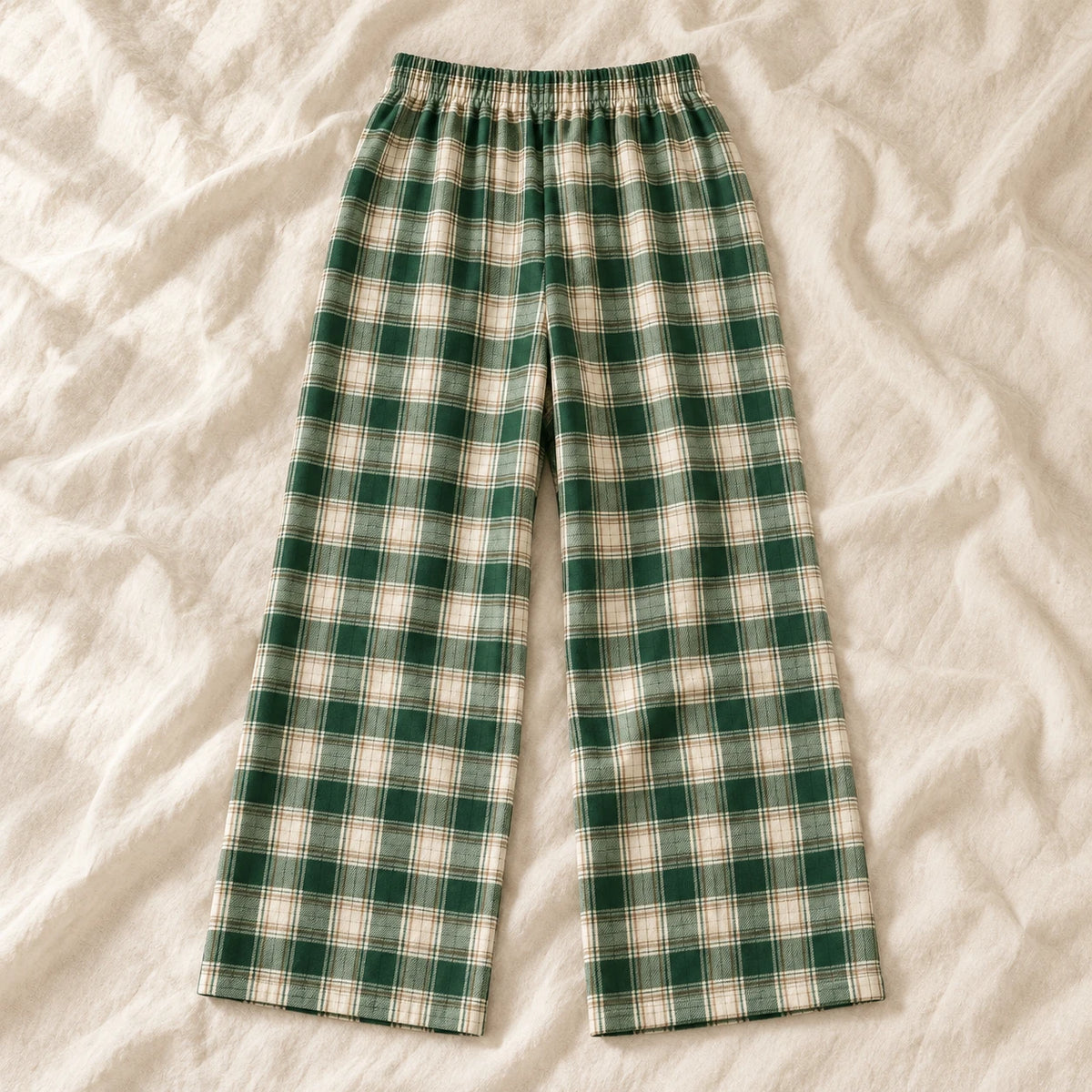 Plaid Wide-Leg Maternity Trousers — Style G — on cream linen