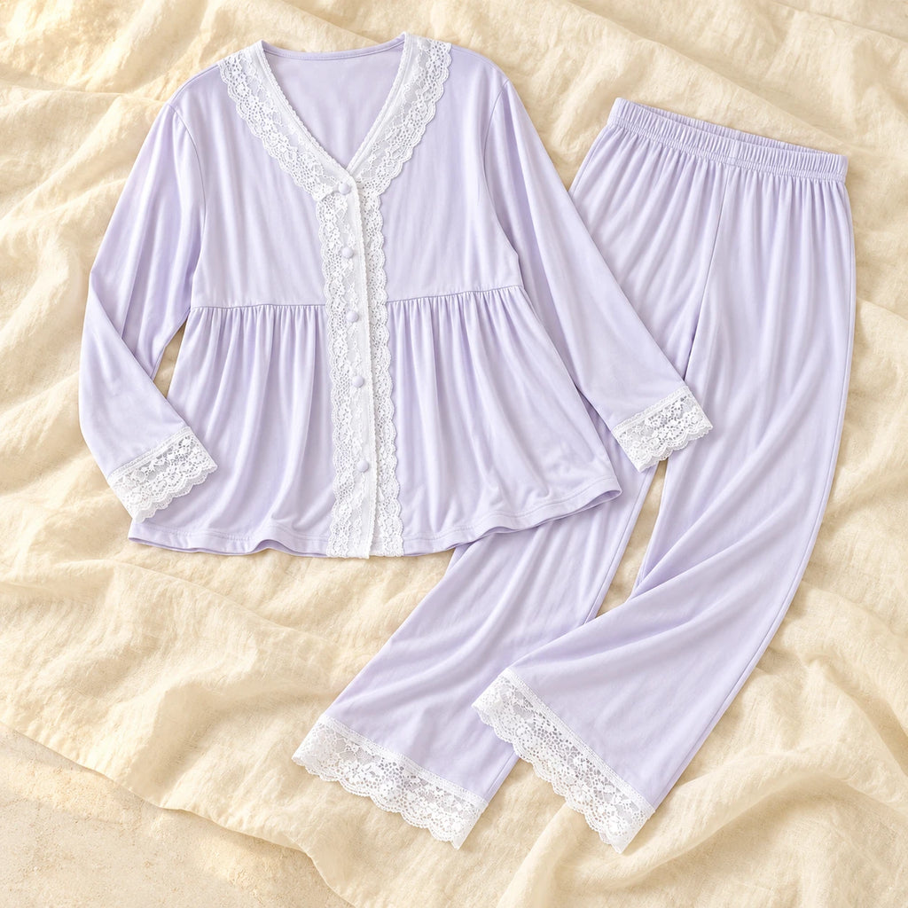 Modal Maternity Nursing Pyjama Set — Lavender, product on cream linen