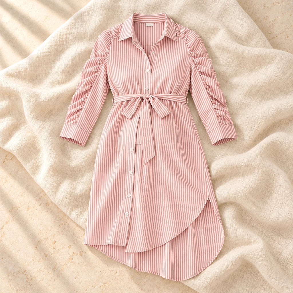 Button-Front Pleated Maternity Dress, Pink, on warm cream linen