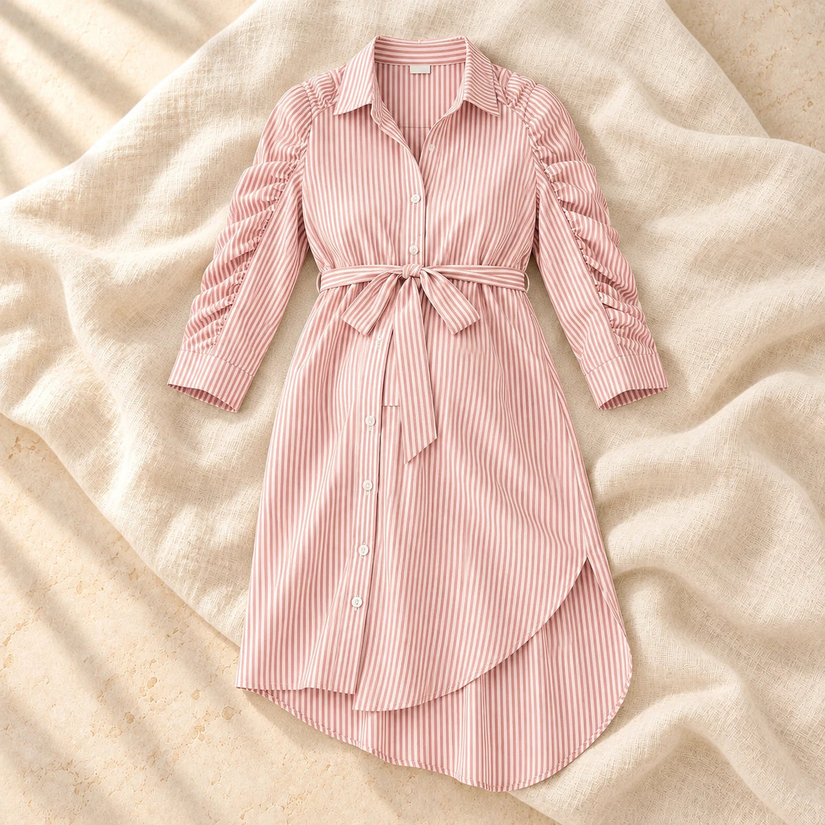 Button-Front Pleated Maternity Dress, Pink, on warm cream linen