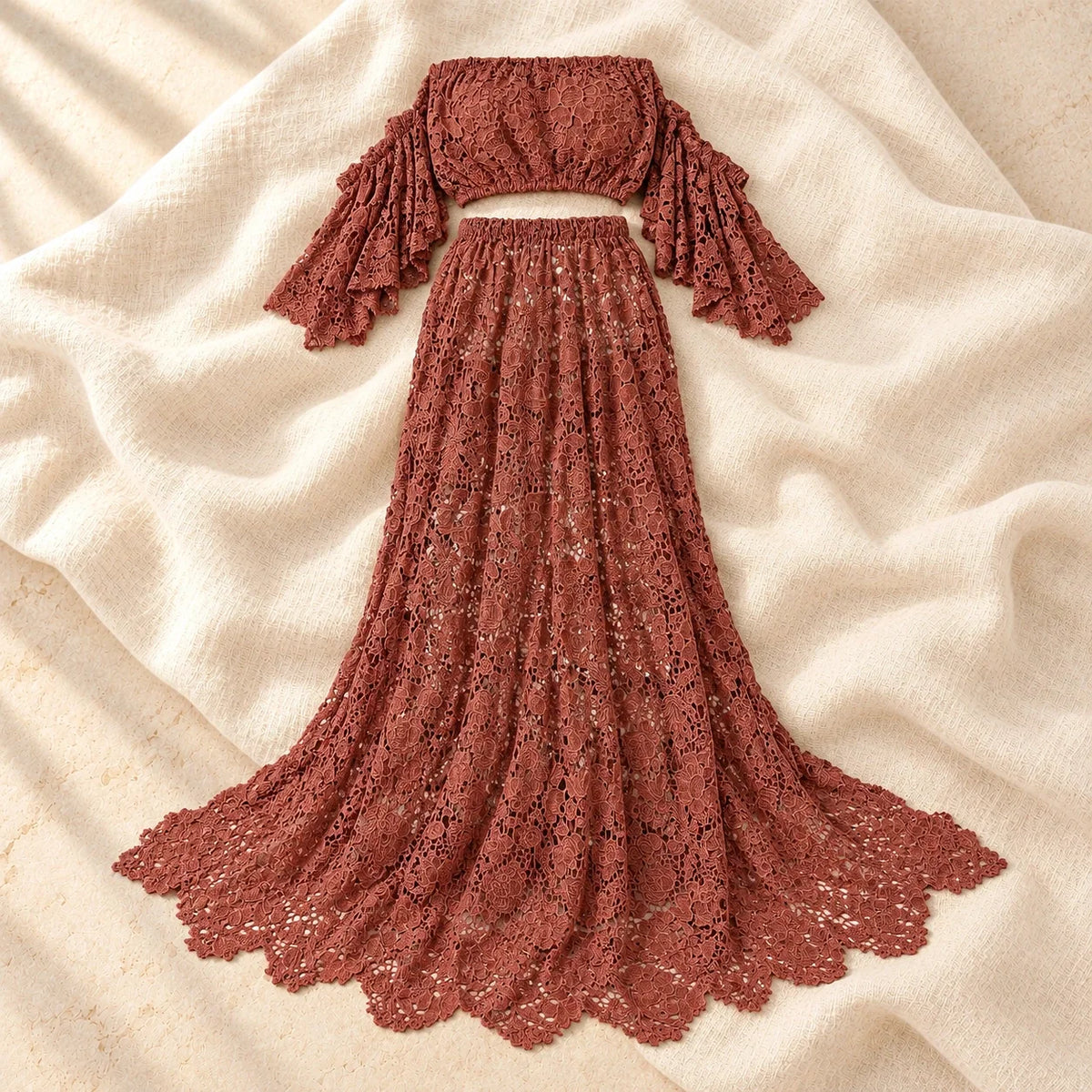 Don&Judy Off-Shoulder Lace Maternity Two-Piece Set, Terracotta, product on cream linen