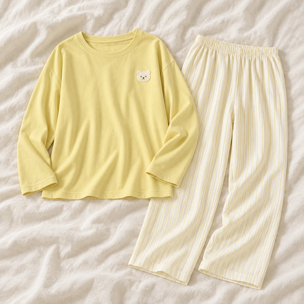 Long-Sleeve Nursing Pyjamas with Built-In Support — A02-24188 — product set on cream linen