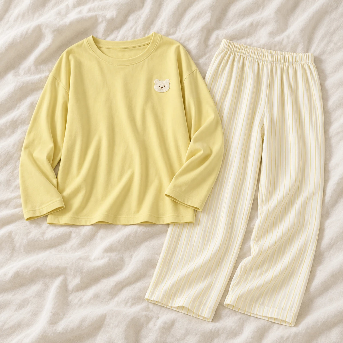 Long-Sleeve Nursing Pyjamas with Built-In Support — A02-24188 — product set on cream linen