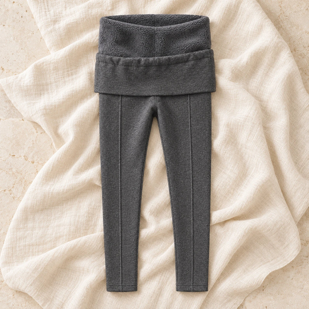Warm-Lined Maternity Leggings — Dark gray, product on cream linen
