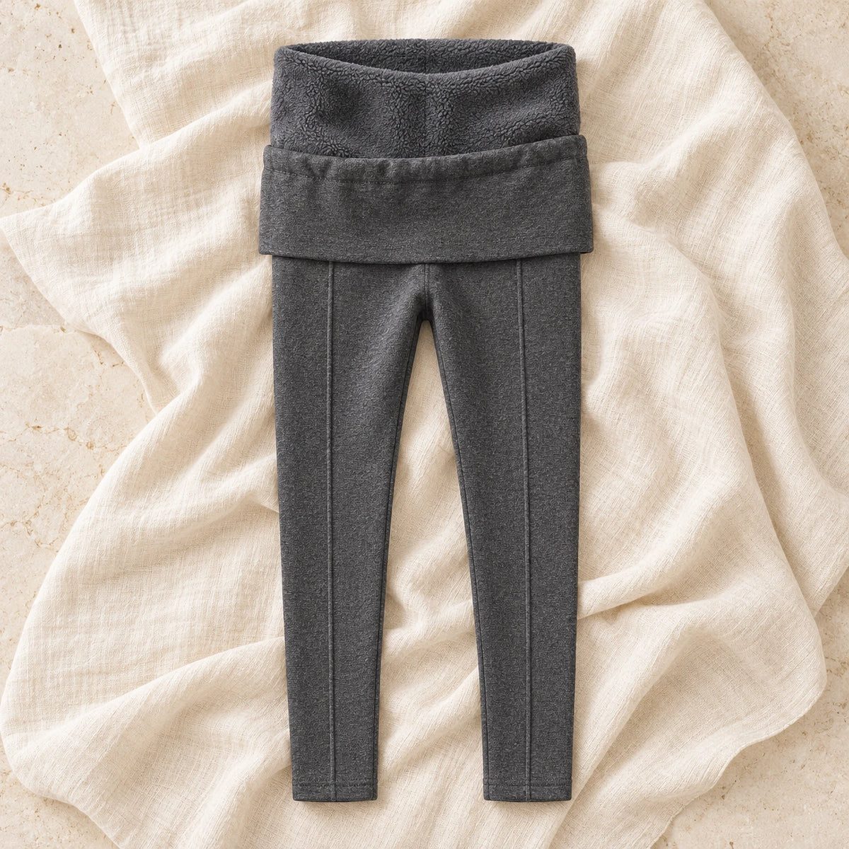 Warm-Lined Maternity Leggings — Dark gray, product on cream linen