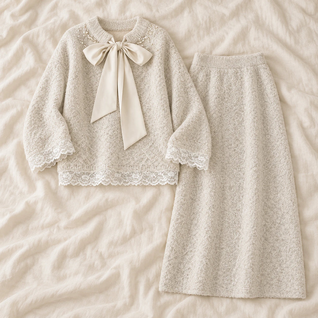 Bow & Lace Maternity Sweater & Skirt Set — Apricot — product detail