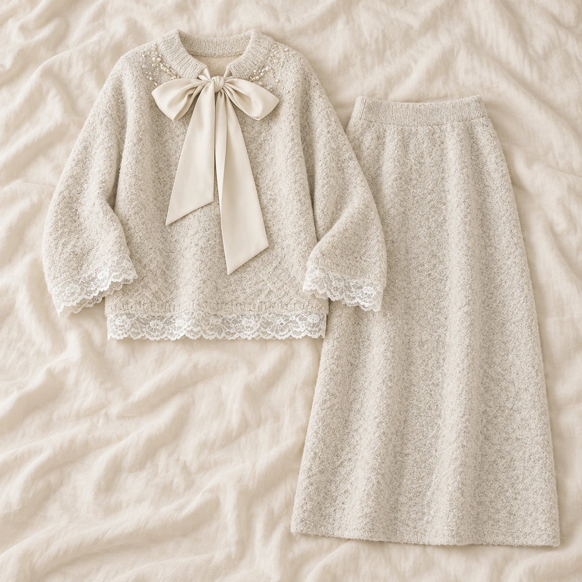 Bow & Lace Maternity Sweater & Skirt Set — Apricot — product detail