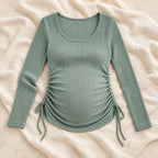 Pleated Long-Sleeve Maternity Top — green, product on cream linen