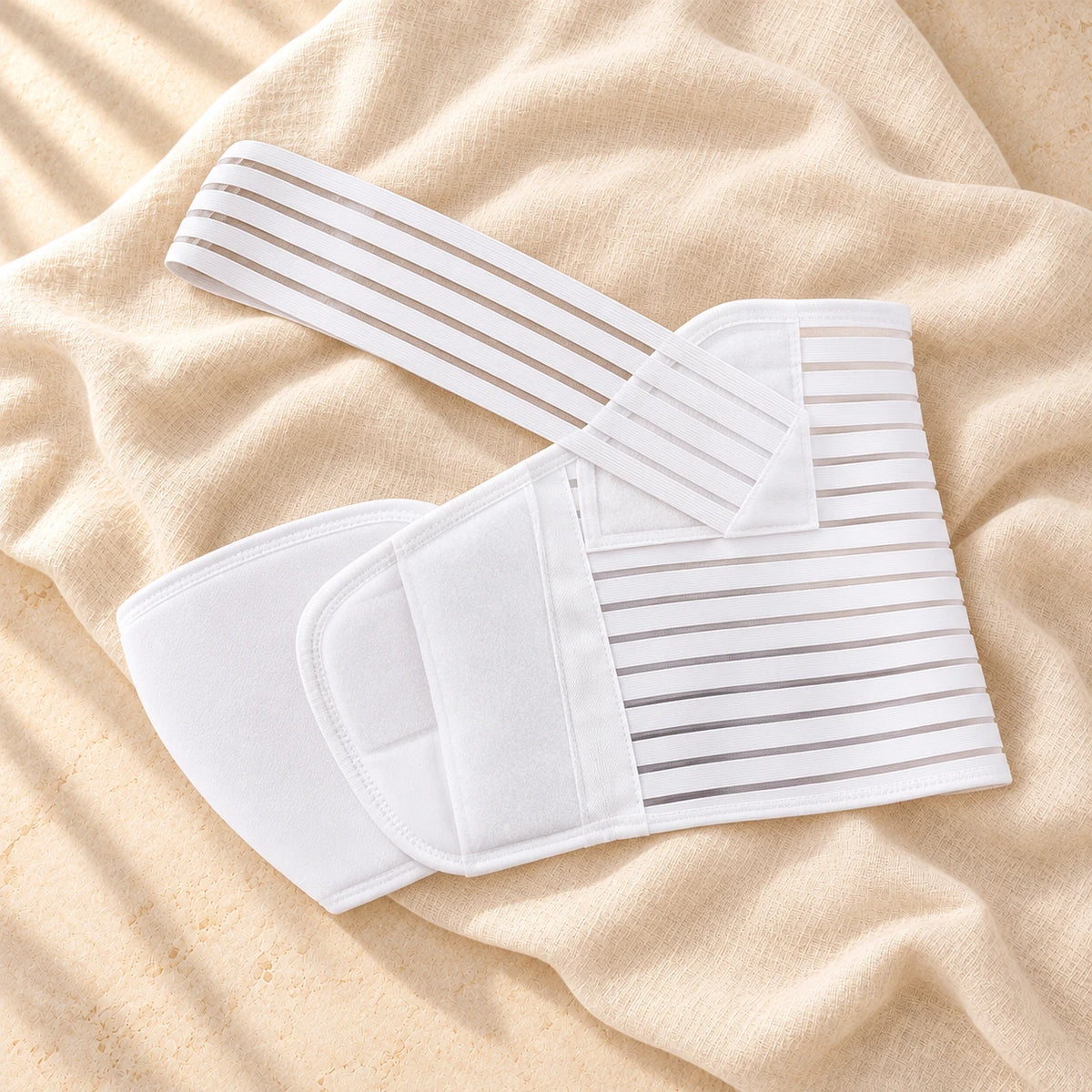 Hook-and-Loop Maternity Support Band, WHITE, on cream linen