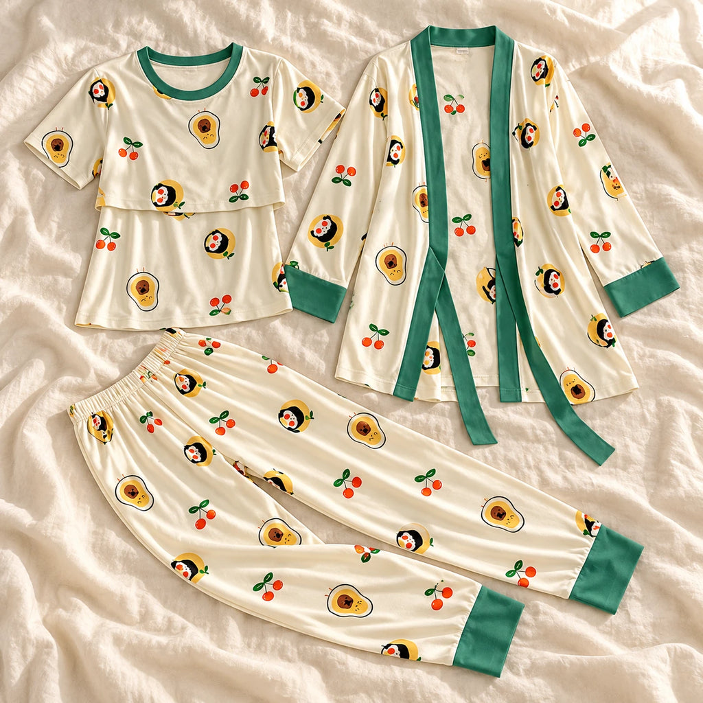 Tots & Moms three-piece nursing pyjama set — style Avocado Print — Green Trim — complete set on cream linen
