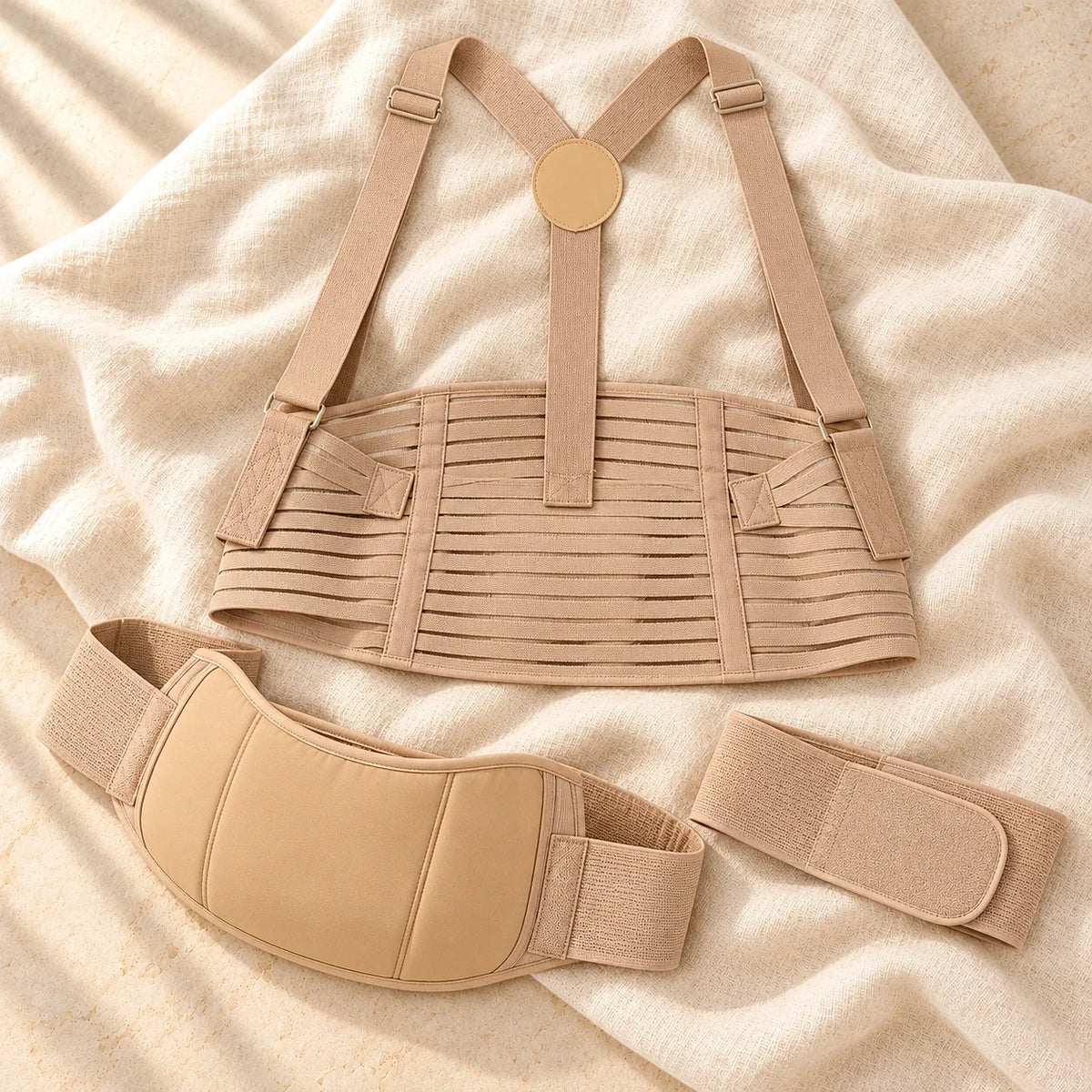 Three-Piece Maternity Support Belt Set, A Kakhi, product on cream linen