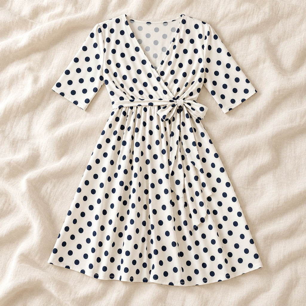 Tots & Moms V-neck maternity dress — White polka dot — product photograph