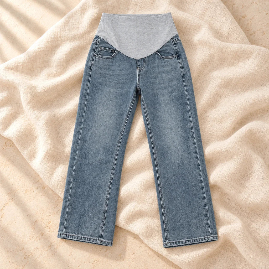 Adjustable-Waist Wide-Leg Maternity Jeans, Blue Gray, on cream linen
