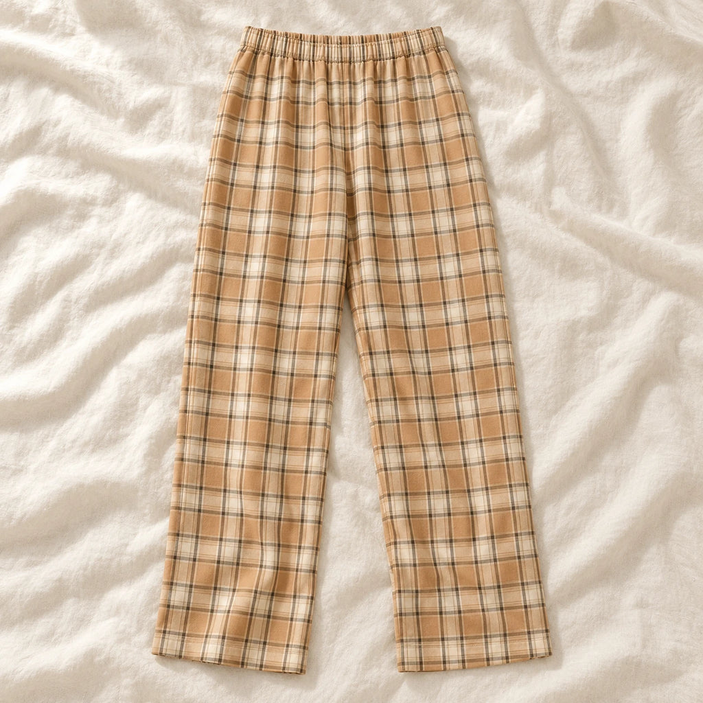 Plaid Wide-Leg Maternity Trousers — Style F — on cream linen