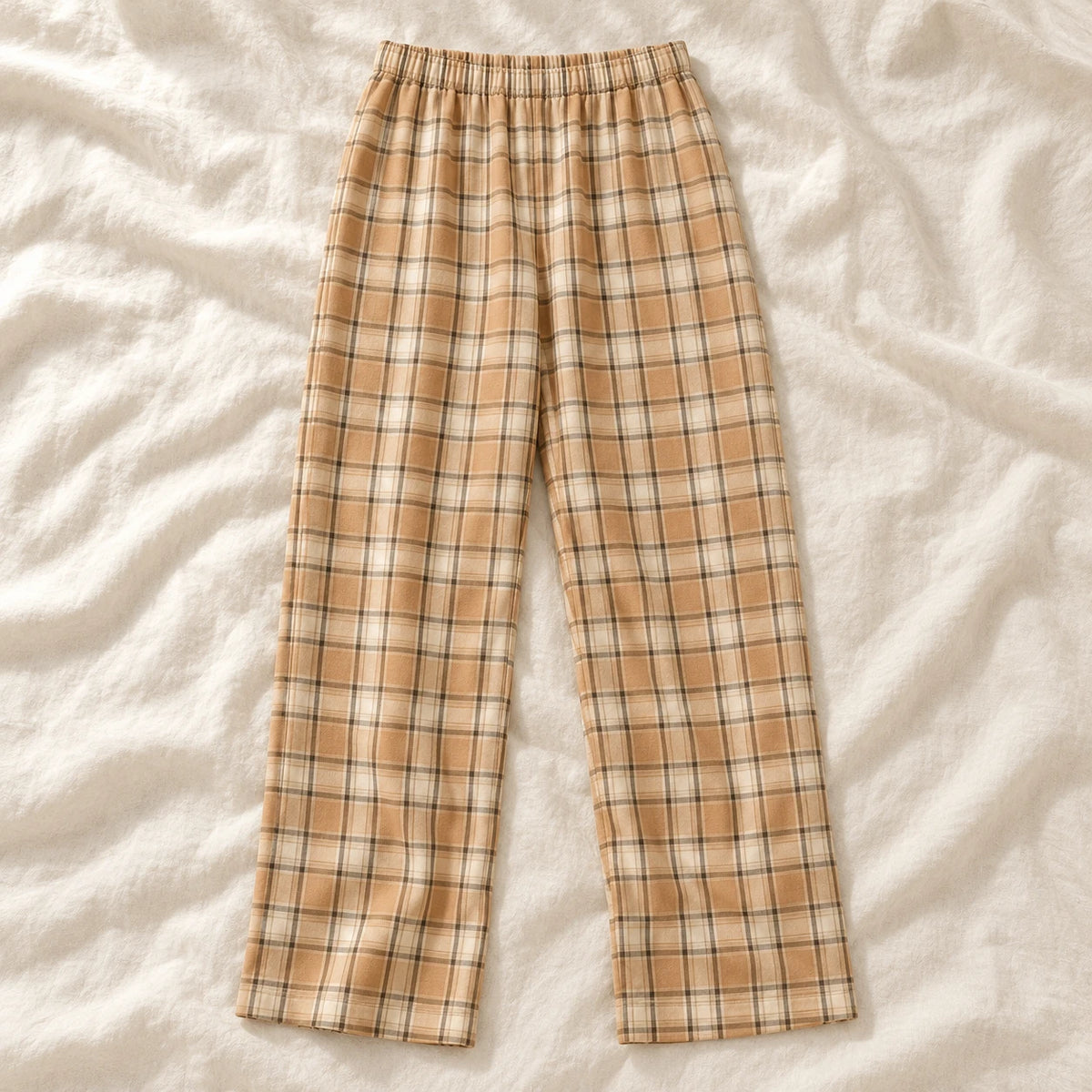 Plaid Wide-Leg Maternity Trousers — Style F — on cream linen