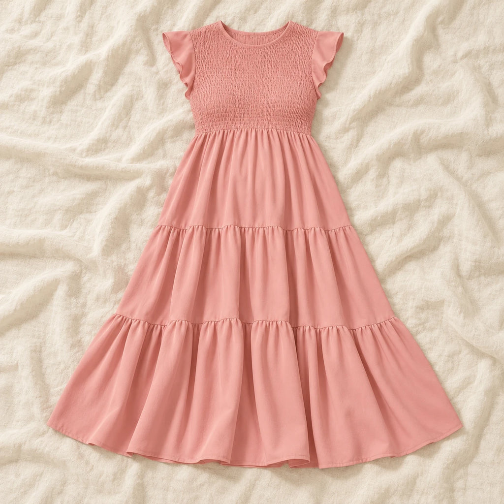 Sleeveless Tiered Maternity Dress — Pink — on cream linen
