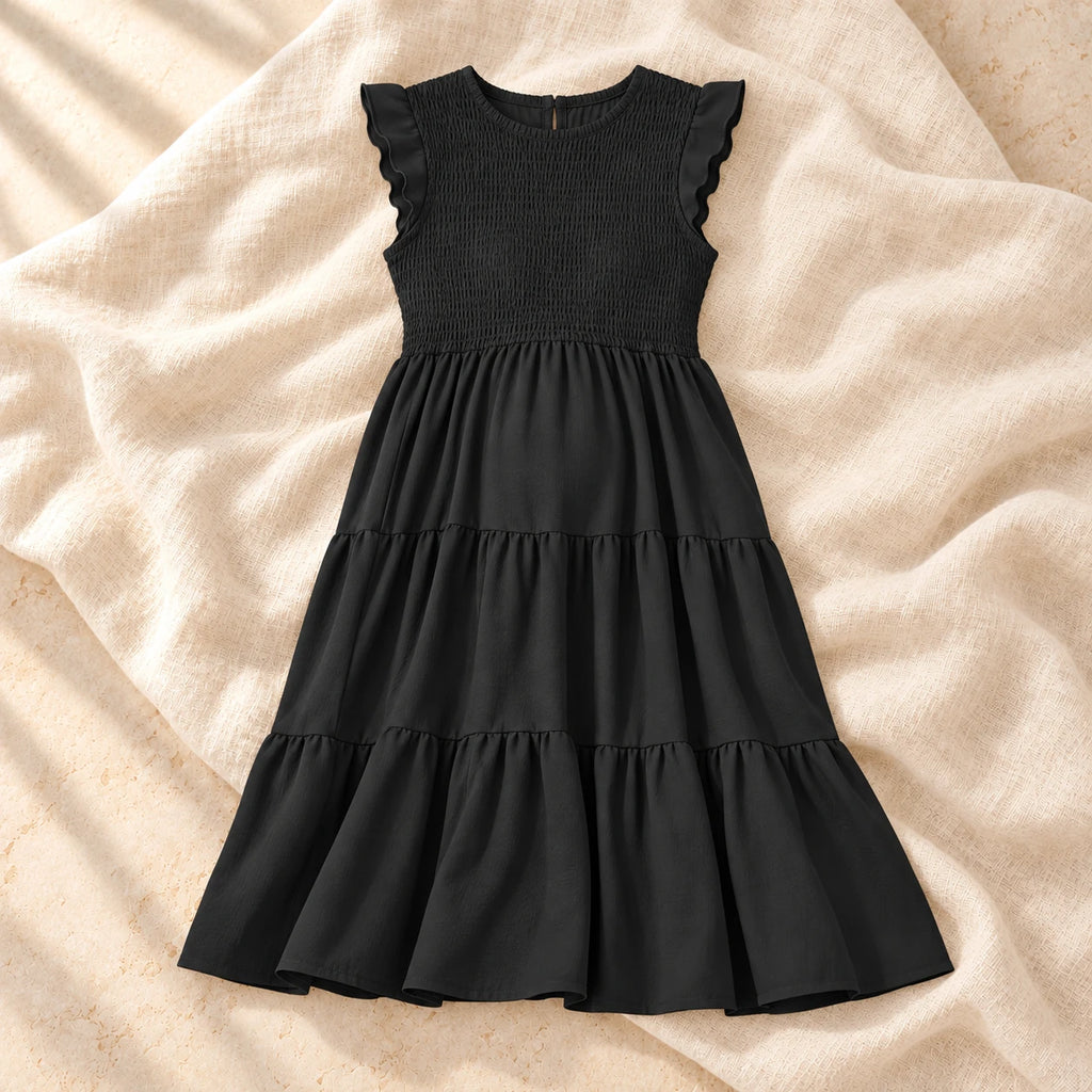Relaxed Short-Sleeve Maternity Dress, black, on warm cream linen