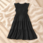 Relaxed Short-Sleeve Maternity Dress, black, on warm cream linen