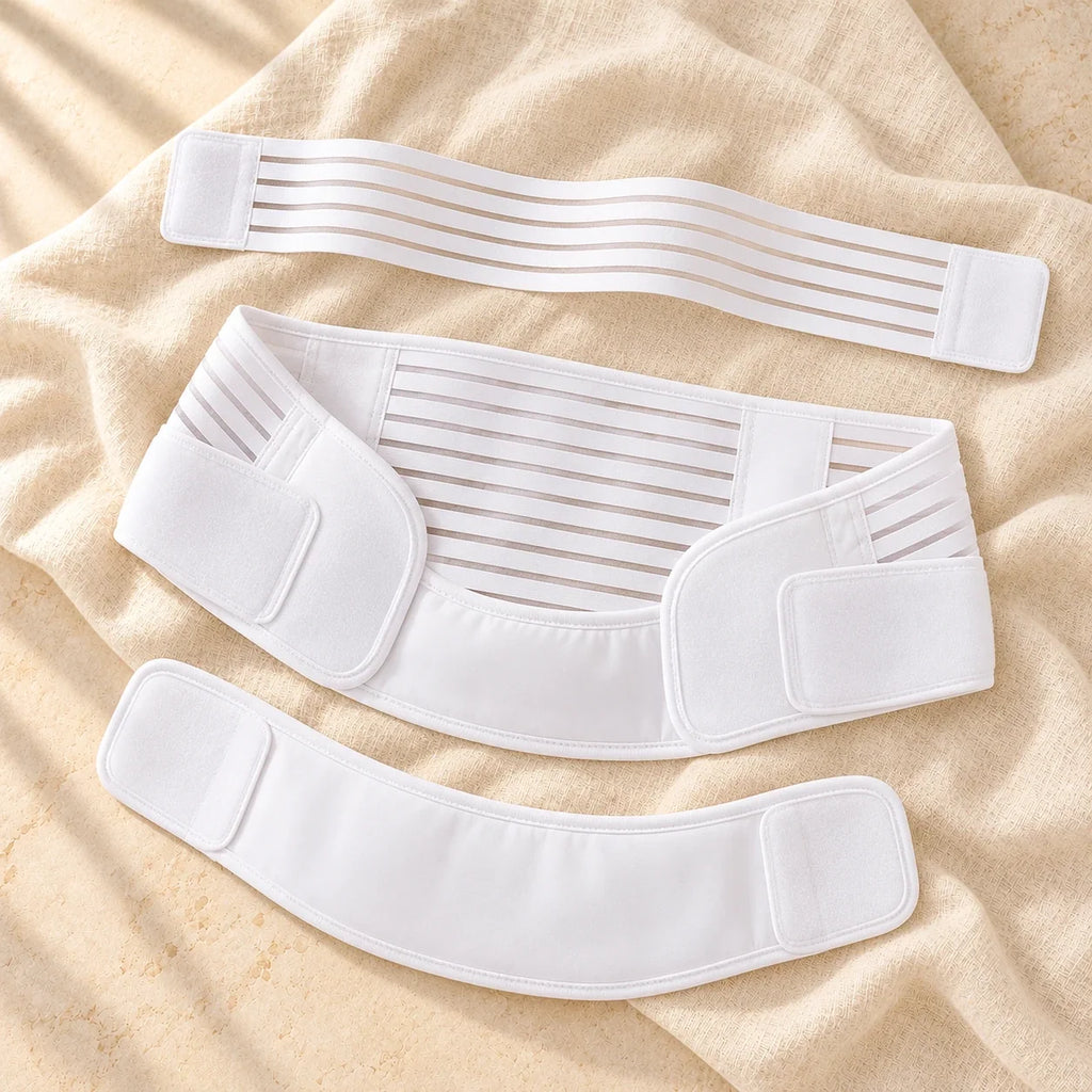 Three-Piece Maternity Support Belt Set, WHITE, product on cream linen