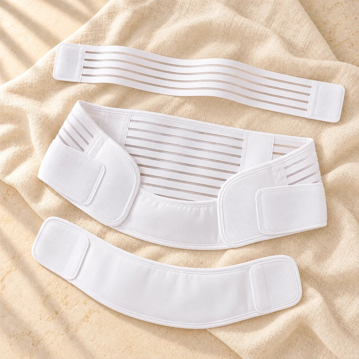 Three-Piece Maternity Support Belt Set, WHITE, product on cream linen