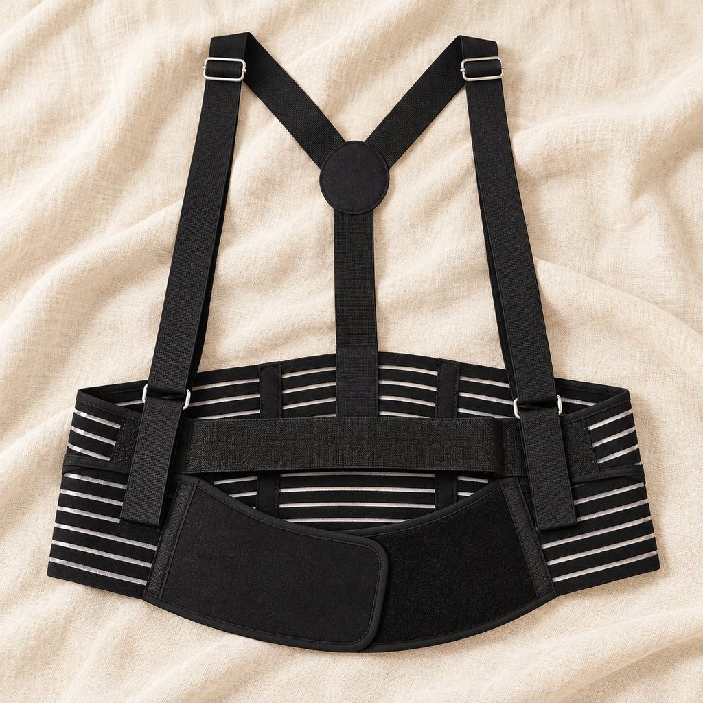 black multi-part pregnancy support belt with two adjustable shoulder straps, wide striped elastic lumbar panel, broad curved under-bump front support and narrow separate upper-bump support strap, product on cream linen