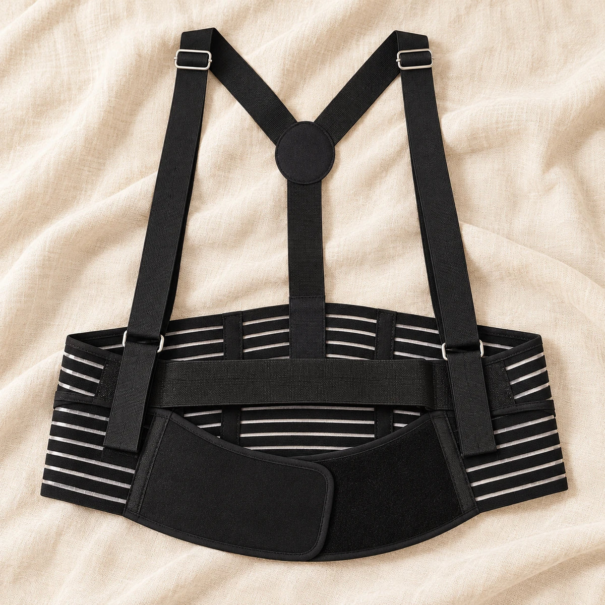black multi-part pregnancy support belt with two adjustable shoulder straps, wide striped elastic lumbar panel, broad curved under-bump front support and narrow separate upper-bump support strap, product on cream linen
