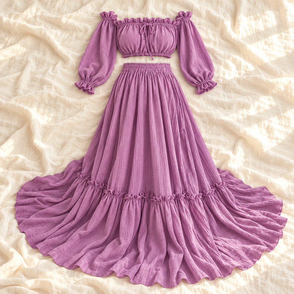 Tots & Moms bohemian maternity portrait outfit — PURPLE — complete two-piece on cream linen