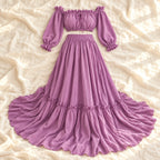 Tots & Moms bohemian maternity portrait outfit — PURPLE — complete two-piece on cream linen