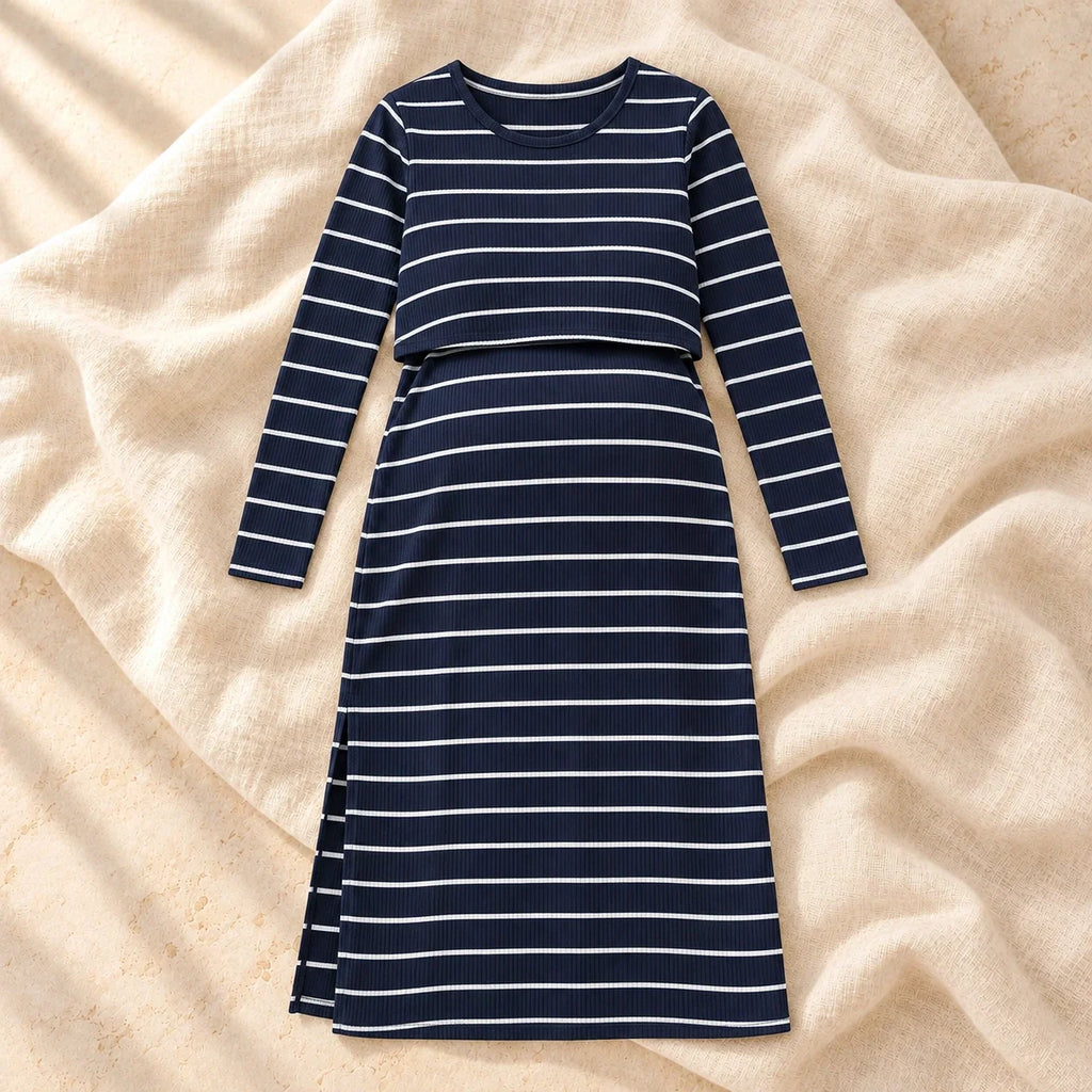 Stretch Maternity Nursing Dress, Blue, product on cream linen