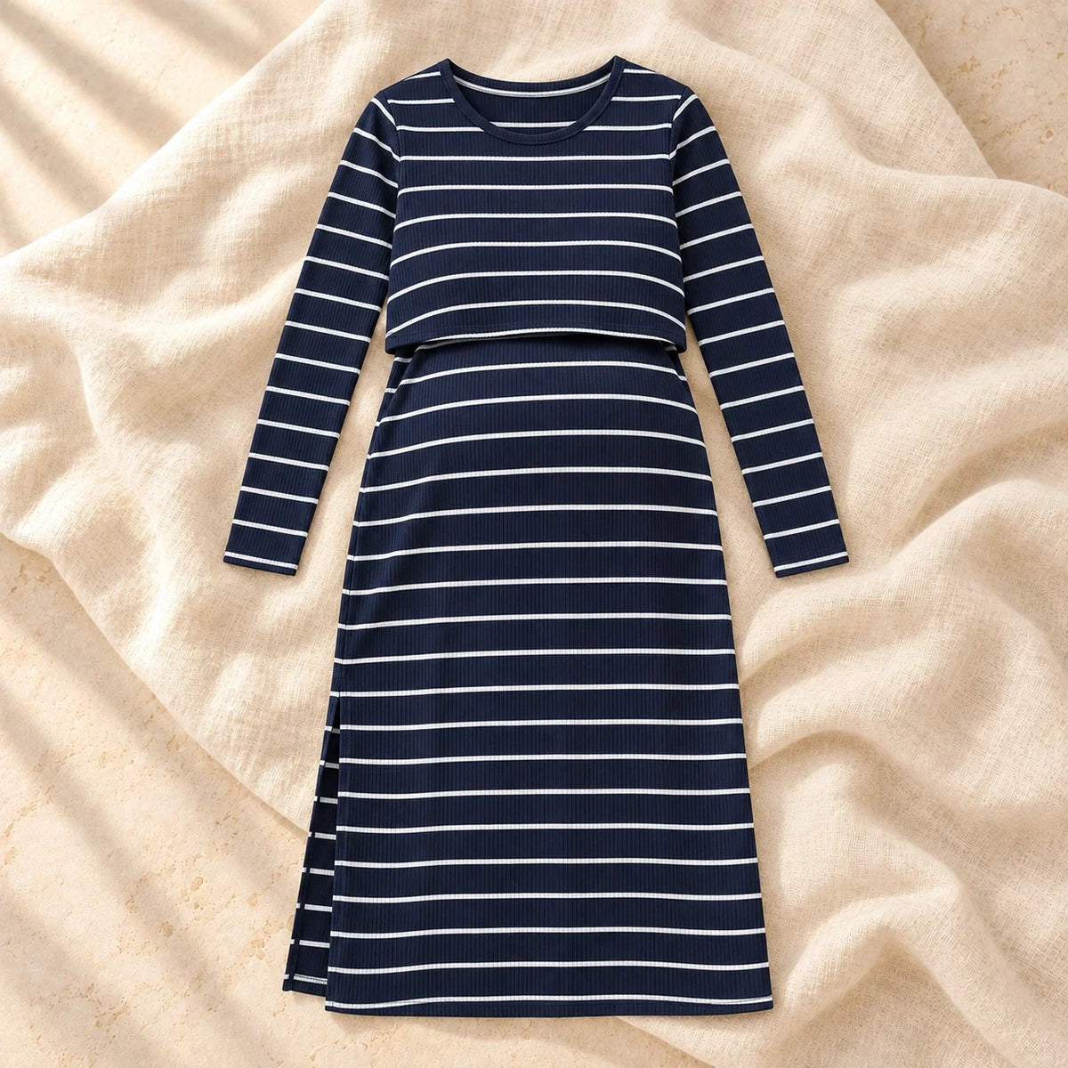 Stretch Maternity Nursing Dress, Blue, product on cream linen