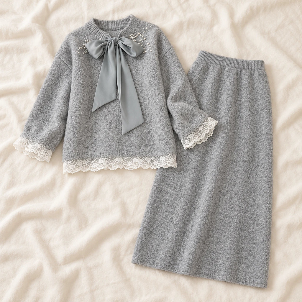 Bow & Lace Maternity Sweater & Skirt Set — Light Gray — product detail