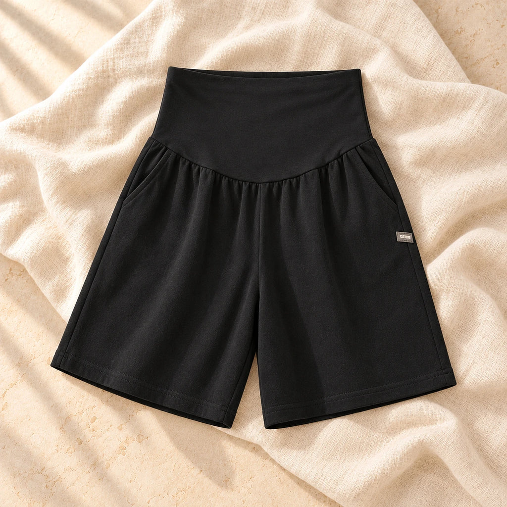 Loose Wide-Leg Maternity Shorts, Black / L, on warm cream linen